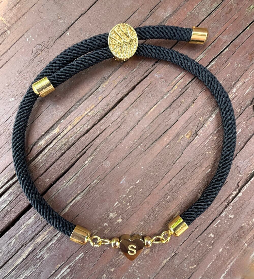 Black Rope Letter "S" Gold Heart Bead Bracelet Women Minimalist Adjustable